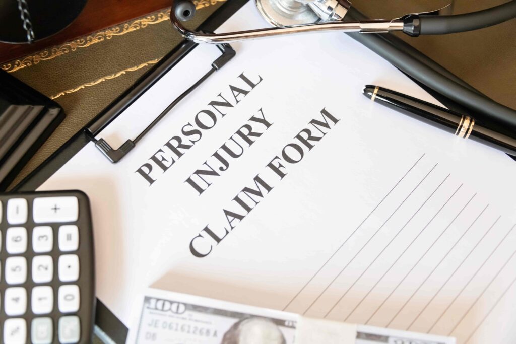 Personal injury claim form on desk with stethoscope, calculator, money, and pen representing accident compensation. Personal injury claim form on desk with stethoscope, calculator, money, and pen representing accident compensation.